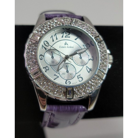 Louis Arden LA7258 Wrist Watch Purple Leather Band Crystal Bezel Japan Works! - Picture 2 of 16